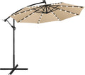 Yaheetech 10FT Solar Offset Umbrella with 32 LED Lights Cantilever Hanging Outdoor Umbrellas Handy Crank & Cross Base for Lawn/Deck/Backyard/Pool Tan