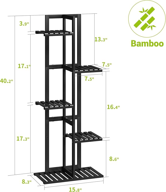 BMOSU Bamboo Plant Stand for Indoor Outdoor Plants Corner Tall Plant Shelf 6 Potted Holder Shelf Plant Rack Holder Display Rack(Black)