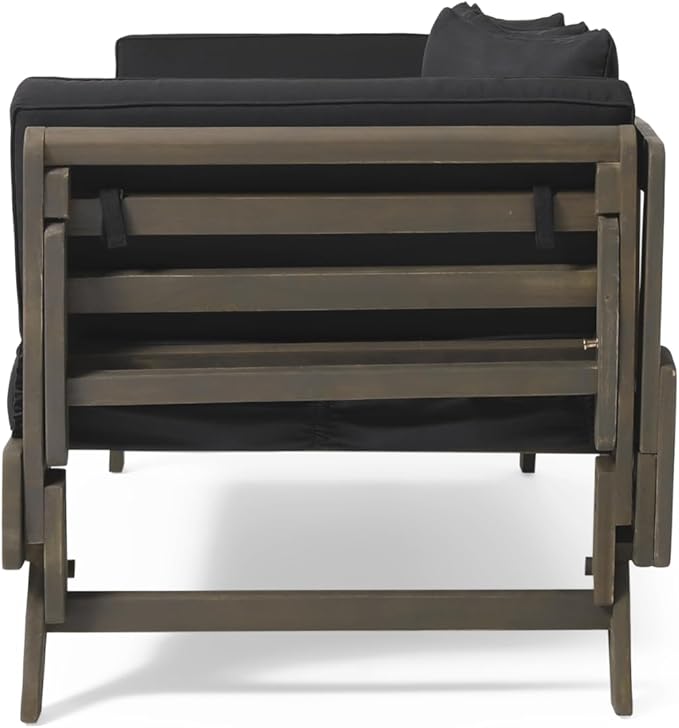 Merax Outdoor Patio Daybed Sofa,3-Seat Sofa with Foldable Arm 4 Back Pillows,Teak Acacia Wood Frame Beige Removable Cushion,Grey+Black