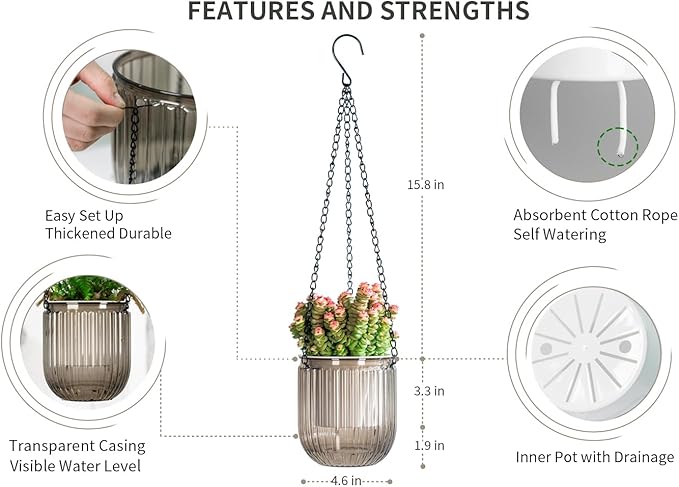 Josteve 4.5 Inch 2 Pcs Self Watering Hanging Planter Indoor Plant Pots Drainage Holes, Outdoor Small Hanging Planters Flower Pot Basket, Visible Water Level, Plant Hanger Home Decor, Gardening