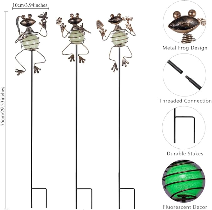 3 Pack Decorative Garden Stakes,Frog Waterproof Metal Spring Decor,Outdoor Decorations Yard Art Garden Stakes for Patio Yard Porch Decor