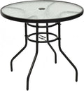 Tangkula 32" Round Outdoor Table with Tempered Glass Top, Patio Dining Table with Umbrella Hole & Metal Frame, Outside Bistro Table for Backyard, Lawn, Deck & Poolside