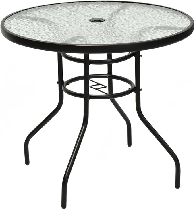 Tangkula 32" Round Outdoor Table with Tempered Glass Top, Patio Dining Table with Umbrella Hole & Metal Frame, Outside Bistro Table for Backyard, Lawn, Deck & Poolside