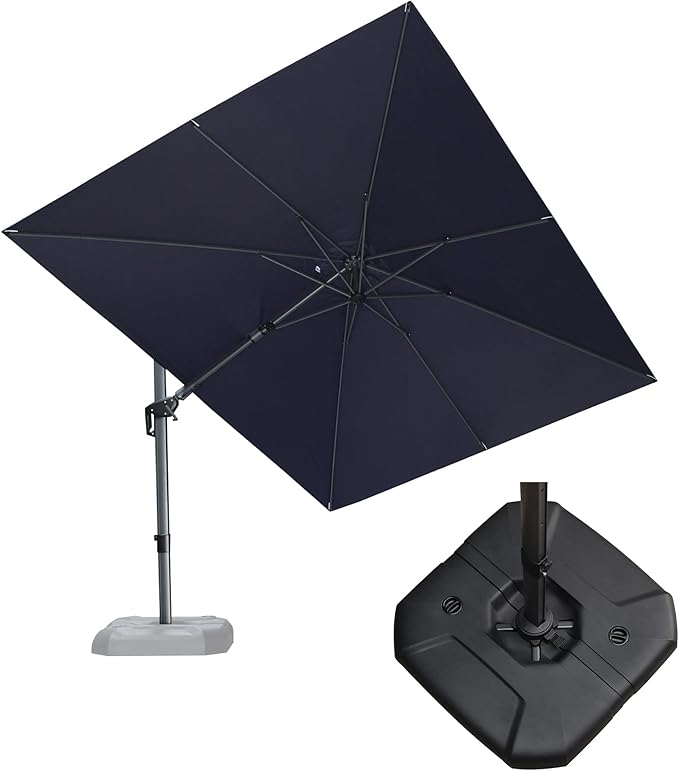 PURPLE LEAF 9' X 12' Right-left Tilt Patio Umbrella with Base Outdoor Cantilever Swivel Rectangle Umbrella Aluminum Offset Umbrella with 360-degree Rotation for Garden Deck Pool Patio Navy
