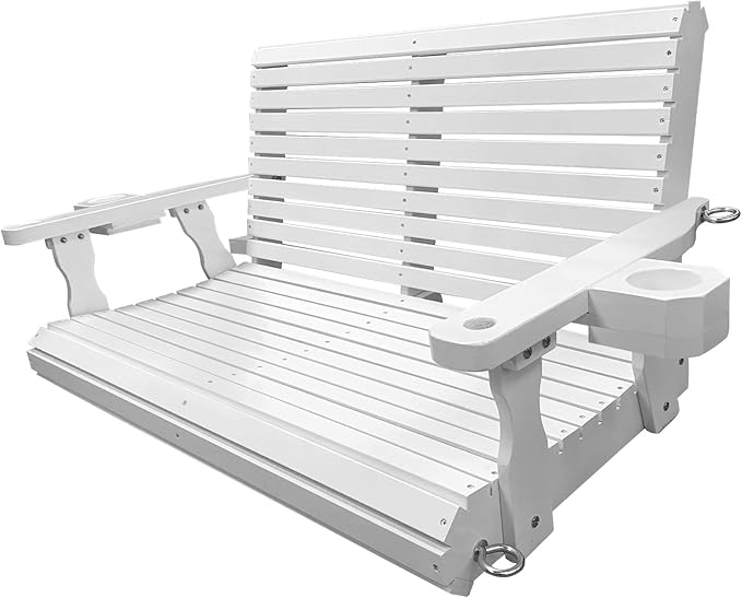 Wooden Porch Swing 2-Seater, Bench Swing with Cupholders, Hanging Chains and 7mm Springs, Heavy Duty 800 LBS, for Outdoor Patio Garden, Pure White, 4 FT Extra Large