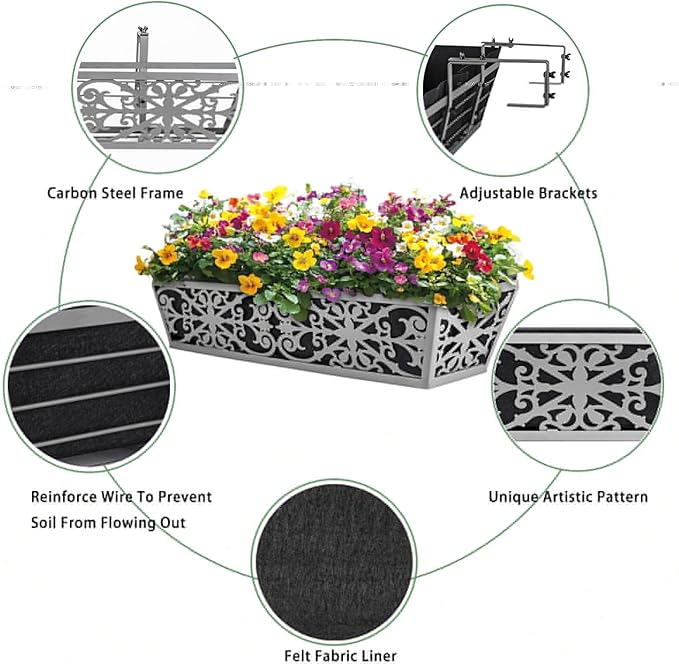 4 Pack 30 Inch Window Boxes Planter for Outdoor Plants Deck Railing Planters Box with Adjustable Brackets for Porch Fence Balcony Hanging Flower Baskets with Non-Woven Fabric Liner for Garden Décor