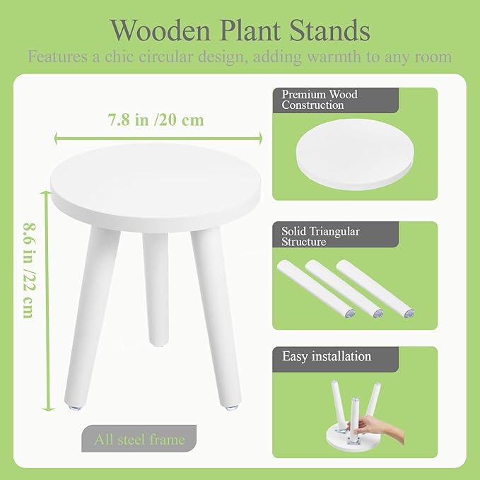 Samll Plant Stand Indoor/Outdoor for Plants,Wood White Planter Stands Holder Mid Century Pedestal Shelf,Sturdy Short Flower Rack Boho Short Plant Table 8.6"Tall Wooden Plants Stool for Garden,Patio