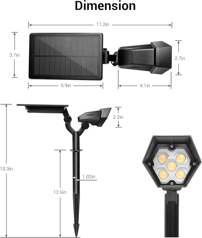 Solar Spotlights Outdoor, 4 Modes Solar Landscape Spot Light with Super Brightness LED, Panel & Light Adjustable, Solar Powered Security Lights IP65 Waterproof for Walkway Yard Garden, 2 Pack