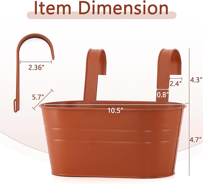3 Pack Metal Railing Planters, 10.5" Oval Hanging Flower Pots with Detachable Hooks & Drainage Holes, Fits Rails up to 2.36", Galvanized Iron Fence Bucket for Balcony Garden Patio - Terracotta