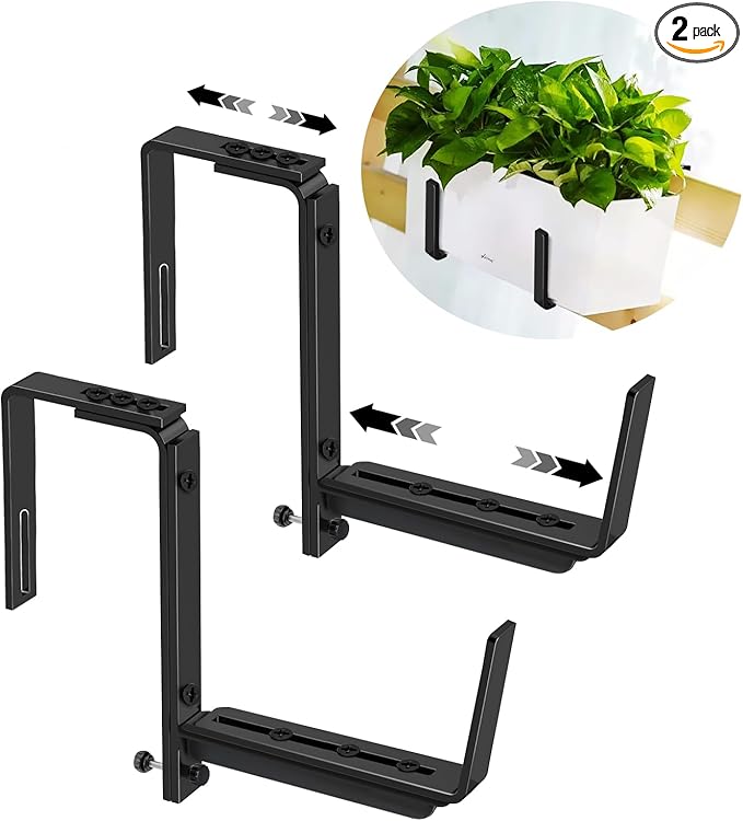 Window Box Brackets, Adjustable Hanging Railing Planter Box Brackets, Heavy Duty Wall Mount Iron Flower Box Holder for Outdoor Windowsill, Balcony, Garden, and Fence (2 Pack)