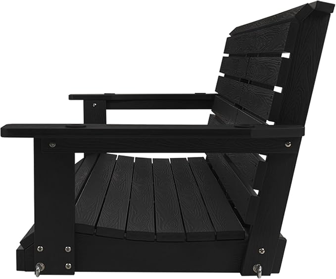 Poly Lumber 3-Seat Porch Swing, HIPS 5-Feet Bench Swing with Foldable Cup Holders,18/8 Stainless Steel Hardware, High Backrest and Deep Contoured Seat, Carbon Black
