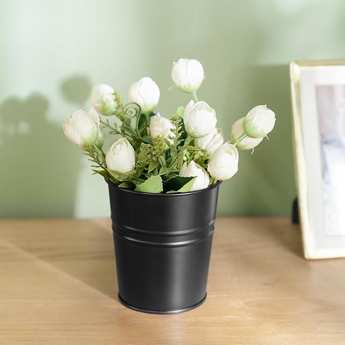 Dahey 10 Pcs Small Hanging Flower Pots Metal Iron Bucket Planter for Railing Fence Balcony Garden Home Decoration Flower Holders with Detachable Hooks, Black, 4 Inches