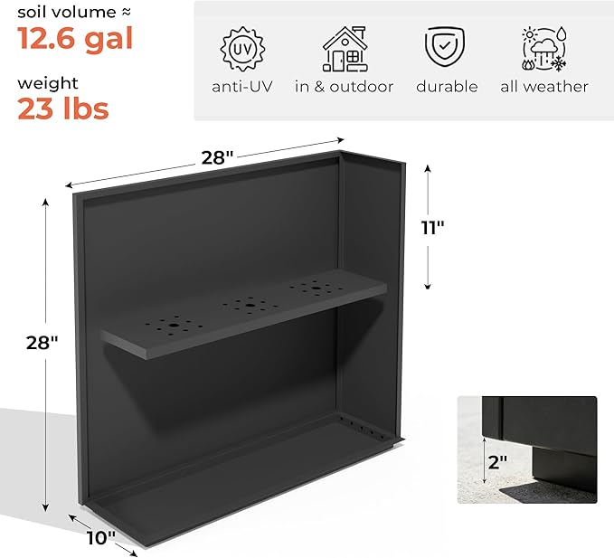 Worth 28" Galvanized Steel Planter Box, Outdoor Rectangular Tall Metal Planter with Insert Shelf & Drainage Holes, Matte Black Standing Plants Box for Patio, Garden, Balcony