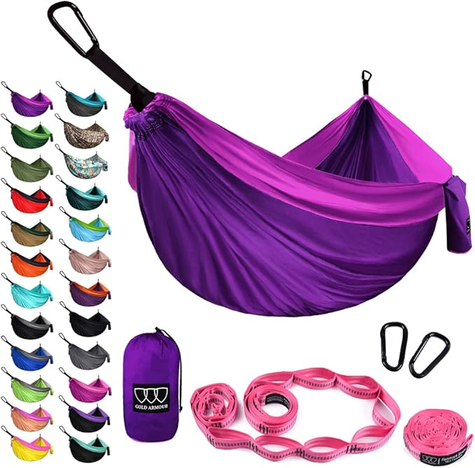 Gold Armour Camping Hammock - XL Double Hammock Portable Hammock Camping Accessories Gear for Outdoor Indoor with Tree Straps, USA Based Brand (Purple and Fuchsia)