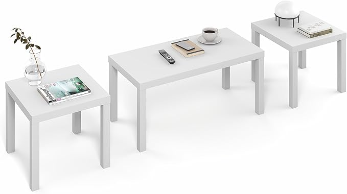 Furinno Classic Living Room Table Set of 3, Modern Rectangle Coffee Table with 2 Side Tables, End Tables, 1.65 Inch Thick Tabletop for Living Room, Home Office, White