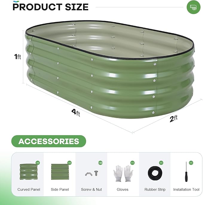 Galvanized Raised Garden Bed Outdoor, 4x2x1ft Oval Metal Raised Beds for Gardening, Rust-Resistant Garden Planter Box with Tools for Planting Vegetables, Flowers, Fruits in Lawn (Olive Green)