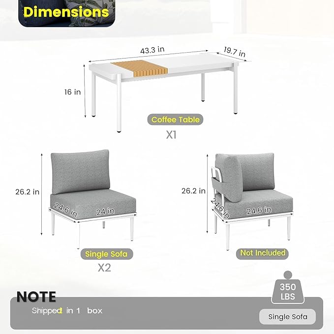 Sundale Outdoor 3 Pieces Patio Furniture Set, Metal Outdoor Sectional Sofa with Coffee Table, All-Weather Modern Outdoor Conversation Sets for Balcony, Porch, Poolside, Sunroom