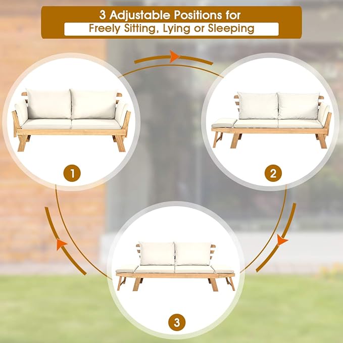 Tangkula Convertible Acacia Wood Patio Couch Sofa Bed with Adjustable Armrest, Outdoor Daybed with Cushion & Pillows, Outside Folding Futon Sofa Couch Bench for Porch, Courtyard, Poolside & Garden