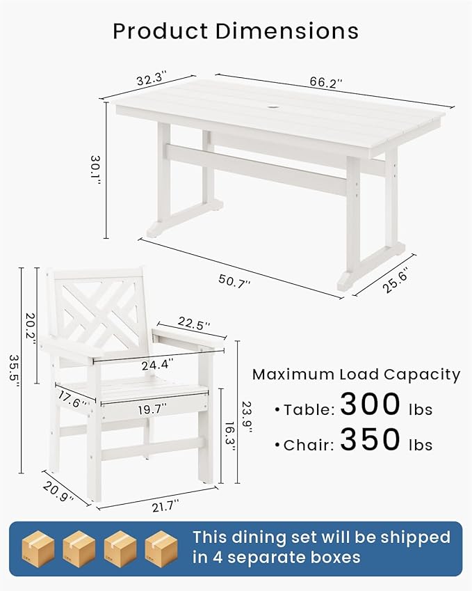 7-Piece Outdoor Dining Set, HDPE All-Weather Patio Table and Chairs Set for 6, Outdoor Patio Furniture Sets with Umbrella Hole for Outside, Deck, Backyard, Garden (White)