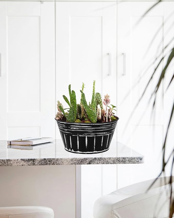 vensovo 10 Inches Black Metal Rustic Plant Pots - 4 Pcs Large Shallow Galvanized Planters with Drain Hole and Rubber Plug, Rustproof Tin Bucket Succulent Pot Indoor Farmhouse Vintage Style for Decor