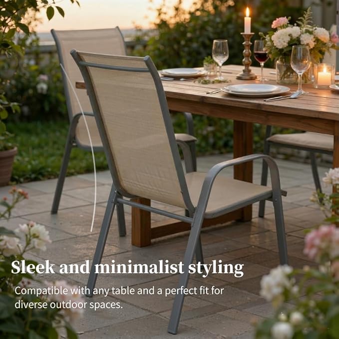 MAMIZO Patio Dining Chairs, Stackable All Weather Teslin Chair, Heavy Duty Outdoor Breathable Chairs Set, w/Armrests, Upgraded Chair FeetW/Strenthened Iron Spacers, 330 LBS (8, Brown)