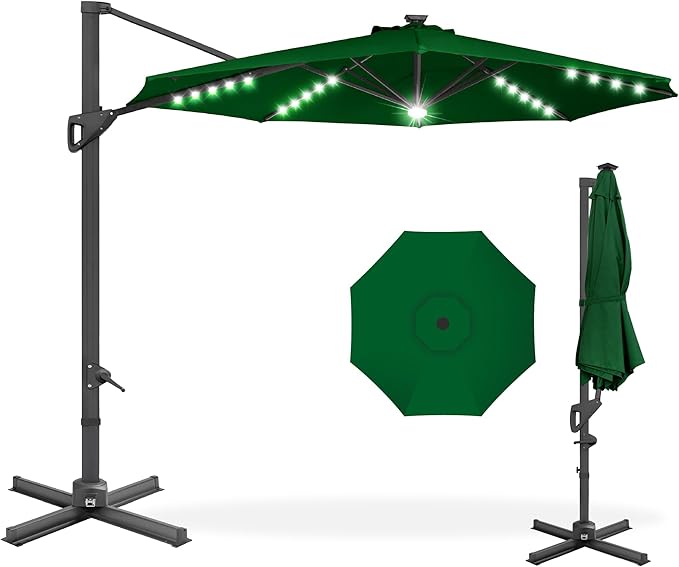 Best Choice Products 10ft Solar LED Cantilever Patio Umbrella, 360-Degree Rotation Hanging Offset Market Outdoor Sun Shade for Backyard, Deck, Poolside w/Lights, Easy Tilt, Cross Base