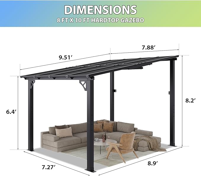 Aoxun 8'x 10' Premium Gazebo with Aluminum Top Frame & Polycarbonate Panel, Wall Mounted Gazebos Pergola, Outdoor Patio Lean to Gazebo, Awnings with Sloped Roof, for Backyard, Porch, Deck
