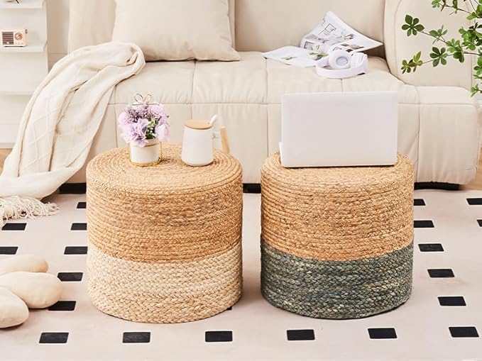 Wimarsbon Ottoman Pouf, Natural Braided Jute Poof, 18'' Outdoor Ottoman for Garden, Rustic Handweave Lounge Pouffe, Boho Footrest Stool for Bedroom, Accent Table or Seat for Patio, Living Room