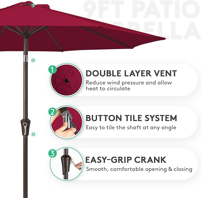 JEAREY 9FT Outdoor Patio Umbrella Outdoor Table Umbrella with Push Button Tilt and Crank, Market Umbrella 8 Sturdy Ribs UV Protection Waterproof for Garden, Deck, Backyard, Pool (Brick Red)