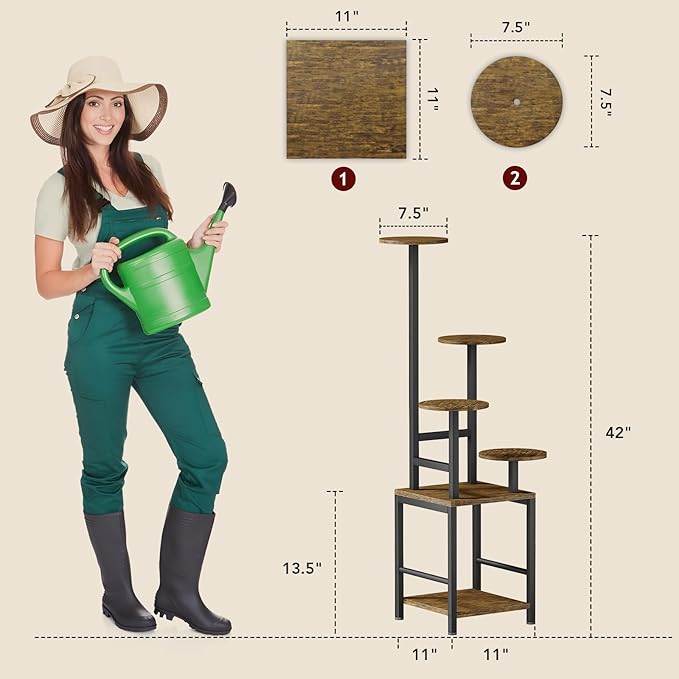 Round Plant Stand Indoor with Grow Light, 5-Tiered Tall Plant Stand Indoor, Metal Plant Shelf with Adjustable Light, Ideal for Living Room, Garden, Patio (Black Brown)