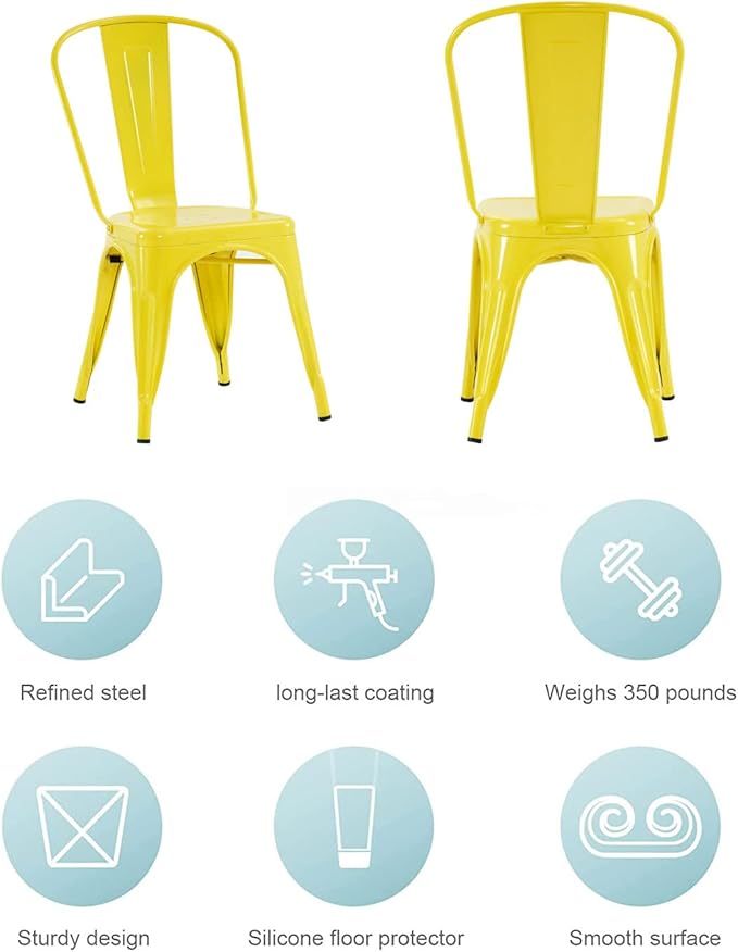 Nazhura Metal Dining Chair Farmhouse Tolix Style for Kitchen Dining Room Café Restaurant Bistro Patio, 18 Inch, Stackable, Waterproof Indoor/Outdoor (Sets of 4) (Steel Seat, Yellow)