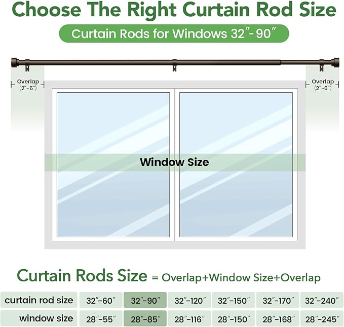 Curtain Rods for Windows 48 to 84, 1 Inch Adjustable Heavy Duty Long Window Drapery Rods with End Caps, Indoor Outdoor Curtain Rod for Patio Bedroom, Size 32" - 90", Antique Bronze