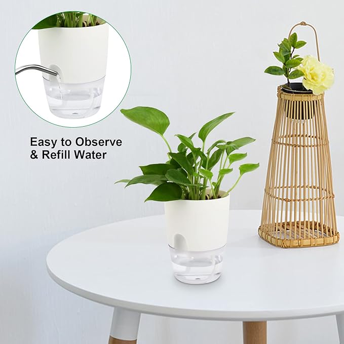 ShineMe Self Watering Pots, 5 Pack Self Watering Planters for Indoor Plants, 4.1 inch Plastic Plant and Flower Pots for African Violets, Herbs, Aloe, Peace Lily with Absorbent Cotton Rope