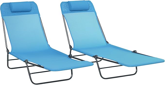 Outsunny 2 Piece Folding Chaise Lounge Chairs, Pool Sun Tanning Chairs with Reclining Back, Breathable Mesh Seat, Headrest for Beach, Yard, Patio, Blue