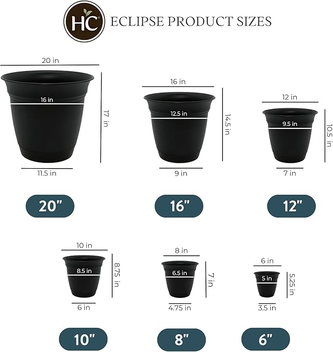 The HC Companies Eclipse Round Planter with Saucer - Outdoor & Indoor Plant Pot with Drainage Holes - Lightweight, UV-Resistant Plastic Pots for Plants, Flowers & Herbs (6" Black, Pack of 1)