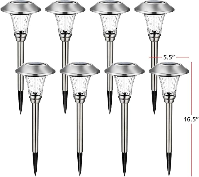 GIGALUMI Solar Pathway Lights, 8 Pack Solar Light Outdoor Waterproof, Glass Stainless Steel Automatic Solar Landscape Lights for Patio, Yard, Lawn, Driveway, Walkway (Warm White)