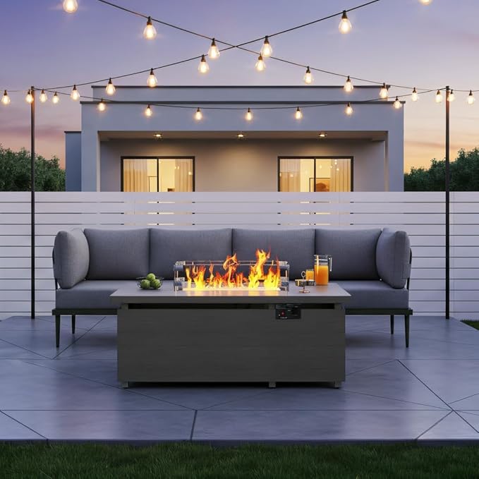 Sundale Outdoor 5 Pieces Patio Furniture Set with Fire Pit Table, Metal Outdoor Sectional Sofa with 6 Inch Olefin Cushion, All-Weather Modern Outdoor Conversation Sets for Backyard, Poolside