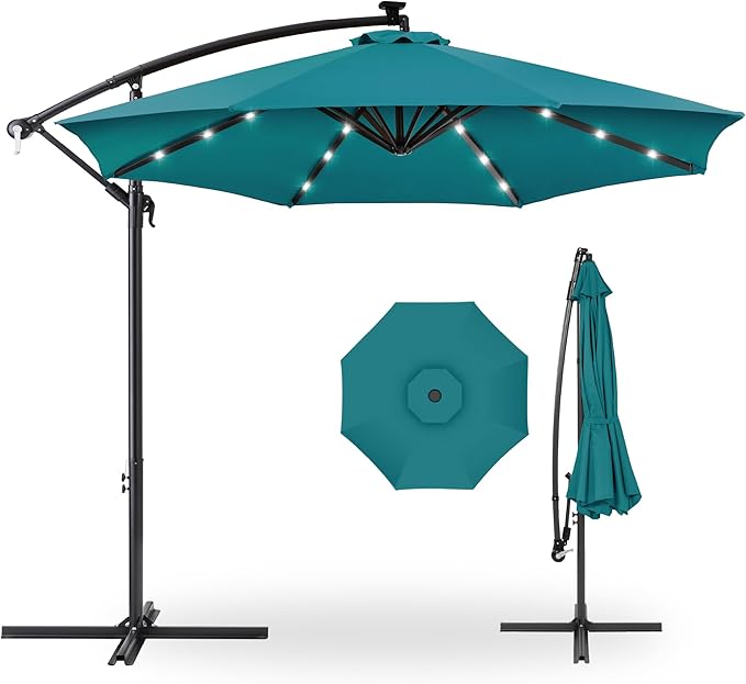 Best Choice Products 10ft Solar LED Offset Cantilever Hanging Market Patio Umbrella, 8 Sturdy Ribs, Easy Adjustment - Cerulean