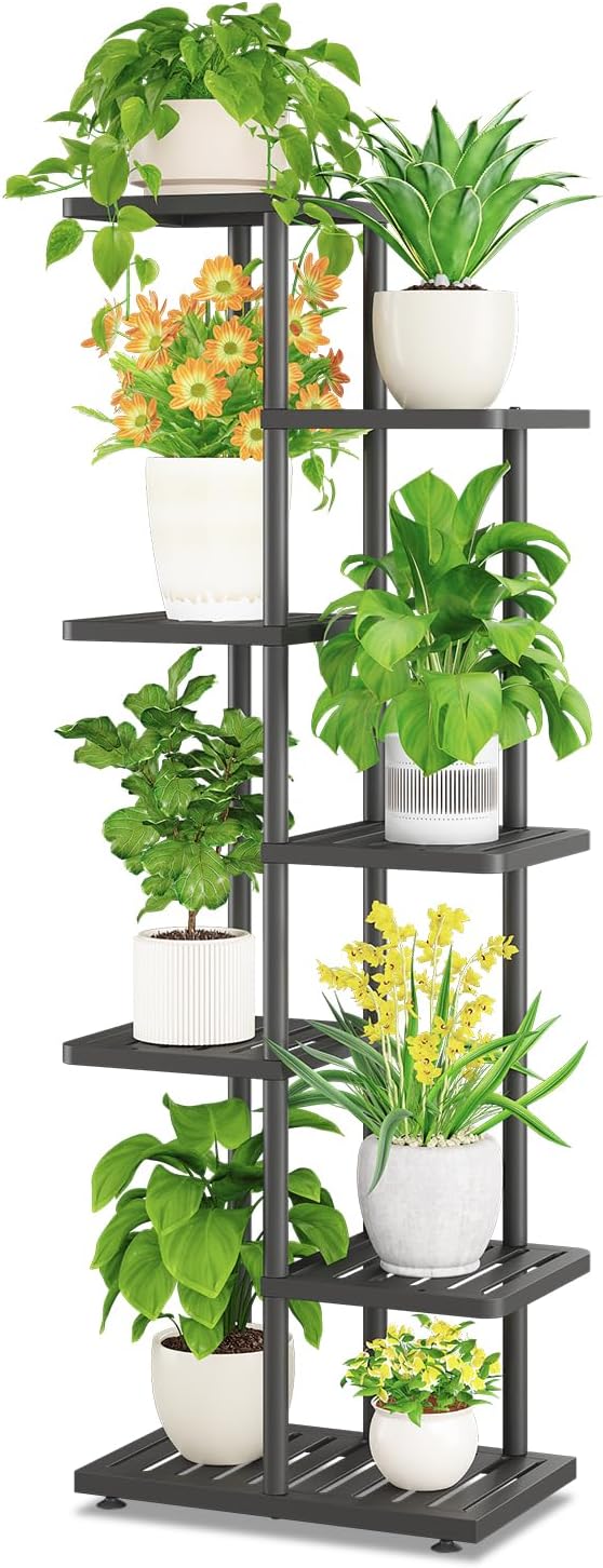 iDavosic.ly Plant Stand Indoor Outdoor, 6-Tier Tall Metal Flower Shelf for Heavy-Duty Large Planters, Corner Orchid Display Rack for Living Room Balcony Patio Porch, Space Saving, Modern Black