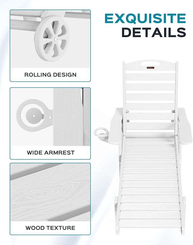 Outdoor Lounge Chair Set of 4, All Weather Patio Chaise Lounge Chairs for Outside, HDPE Chair with Rolling Wheels & Cup Holder, 5 Position, Deck, Pool, White