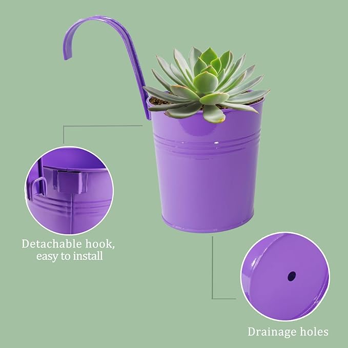 10 Pcs Fence Planters, 4" Metal Hanging Pots Plant Holder with Detachable Hook & Drainage, Railing Planter Flower Pot for Indoor Outdoor Balcony Patio Garden