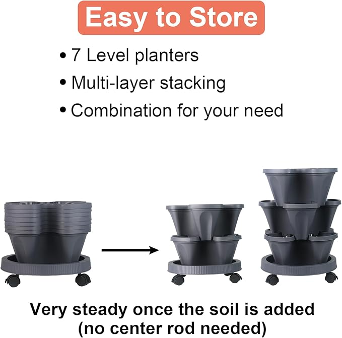GameXcel Vertical Planter 7 Tier Stackable Planters Garden Planters Strawberry Herb Flower and Vegetable Planter Indoor Outdoor Gardening Pots with Removable Wheels and Tools - Dark Gray
