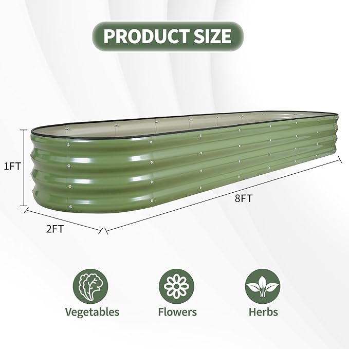 1MORE Galvanized Raised Garden Bed- Planter Garden Boxes Outdoor, Raised Beds for Gardening,8x2x1ft Metal Garden Bed Kit for Vegetables Flower, Planter Raised Beds with Tools.Green