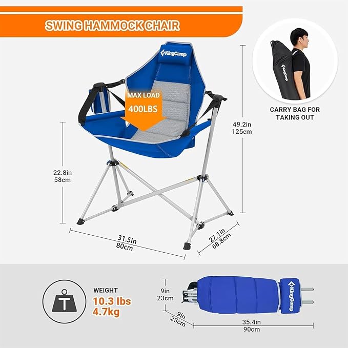 KingCamp Hammock Chair with Footrest – Heavy Duty Swinging Rocking Camping Chairs for Adults up to 400lbs, Folding Portable Oversized Rocker with Cup Holder & Pillow for Outdoor Beach Lawn RV Sports