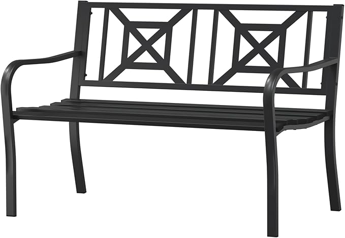 On Shine Patio Garden Bench,Outdoor Park Bench with Powder Coated Steel Frame, Elegant Loveseat with Square Pattern Backrest & Ergonomic Armrest for Outdoor Garden, Backyard, Lawn, Porch