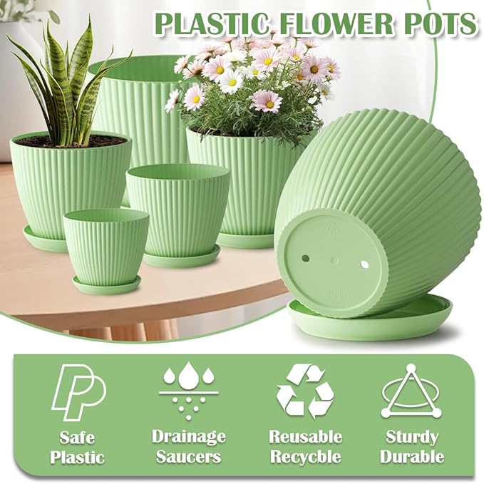 7.5/6.5/5.5/4.9/4.2/3.5 Inch Plant Pots with Saucers & Drain Holes - Indoor/Outdoor Flower Pots for Succulents, Herbs, Cactus - Modern Lightweight Durable Planter Set, Green