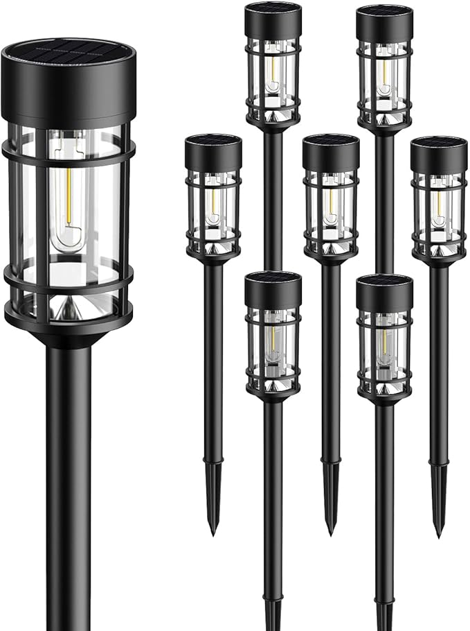 Solar Lights Outdoor Waterproof, 8 Pack 21" Solar Pathway Lights with Metal & Glass, Auto On/Off Garden Lights for Yard, Landscape, Driveway Walkway