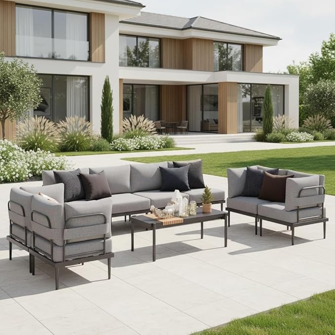 Sundale Outdoor 9 Pieces Patio Furniture Set, U-Shaped Outdoor Sectional Sofa with 6 Inch Olefin Cushion and Coffee Table, Modern Metal Outdoor Conversation Sets for Backyard, Poolside, Sunroom