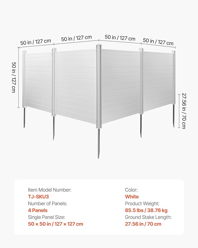 VEVOR Outdoor Privacy Screens, 50" W x 50" H Air Conditioner Fence, Pool Equipment Enclosure, Horizontal Vinyl Privacy Fence, Perfect to Enclose Trash Can and A/C Units (4-Panel)