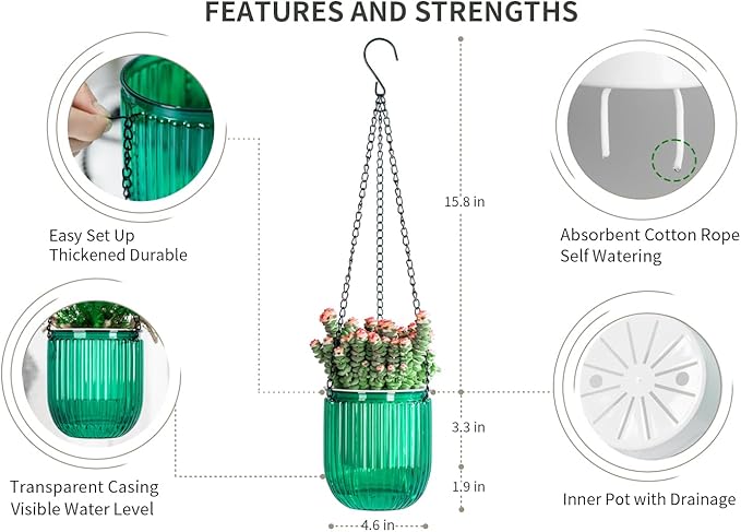 Josteve 4.5 Inch 2 Pcs Self Watering Hanging Planter Indoor Plant Pots Drainage Holes, Outdoor Small Hanging Planters Flower Pot Basket, Visible Water Level, Plant Hanger Home Decor, Gardening